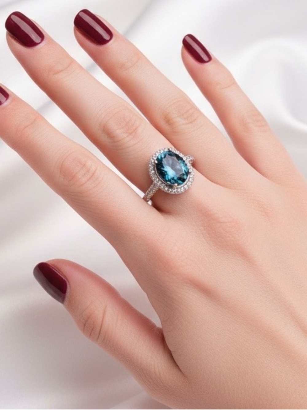 Silver Halo Ring with Teal Blue Gemstone